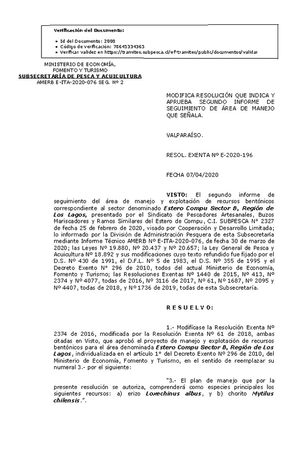 R. EX. Nº E-2020-196 Modifica Resolución que Indica. Aprueba 2° Seguimiento. (Publicado en Página Web 08-04-2020)