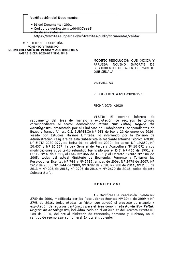 R. EX. Nº E-2020-197 Modifica Resolución que Indica. Aprueba 9° Seguimiento. (Publicado en Página Web 08-04-2020)