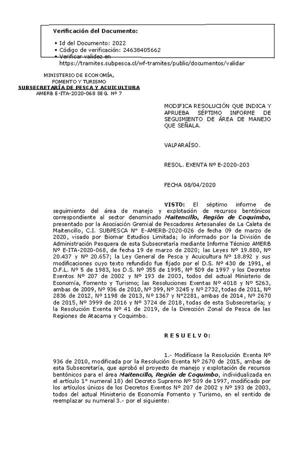 R. EX. Nº E-2020-203 Modifica Resolución que Indica. Aprueba 7° Seguimiento. (Publicado en Página Web 08-04-2020)