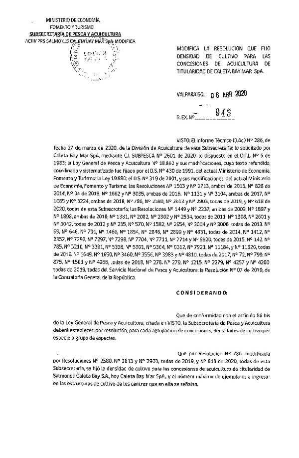 Res. Ex. N° 943-2019 Modifica Res. Ex. N° 786-2019 Fija Densidad de Cultivo para las Concesiones de Acuicultura de Titularidad de Caleta Bay S.A. (Caleta Bay Mar S.A.) (Con Informe Técnico) (Publicado en Página Web 09-04-2020)