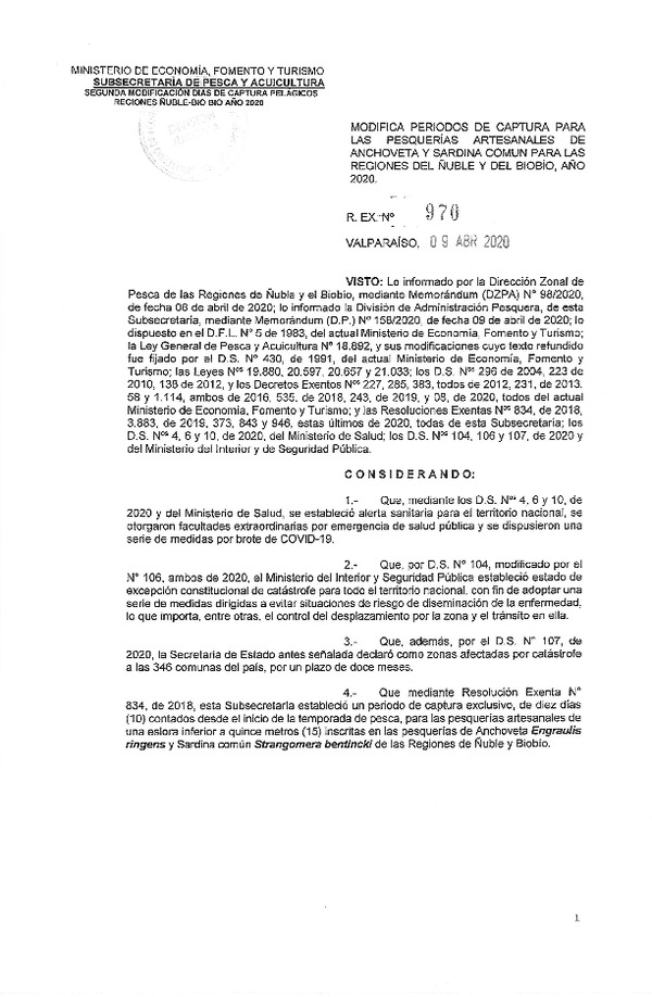 Res. Ex. N° 970-2020 Modifica Período de Captura Para las Pesquerías de Anchoveta y Sardina Común en las Regiones del Ñuble y del Biobío, año 2020. (Publicado en Página Web 09-04-2020)