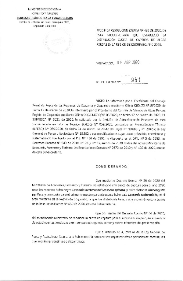 Res. Ex. N° 951-2020 Modifica Res. Ex N° 439-2020, Establece distribución Cuota de los recursos Huiro Negro, Huiro Palo y Huiro Flotador en la Región de Coquimbo, año 2020 (Publicado en Página Web 09-04-2020)