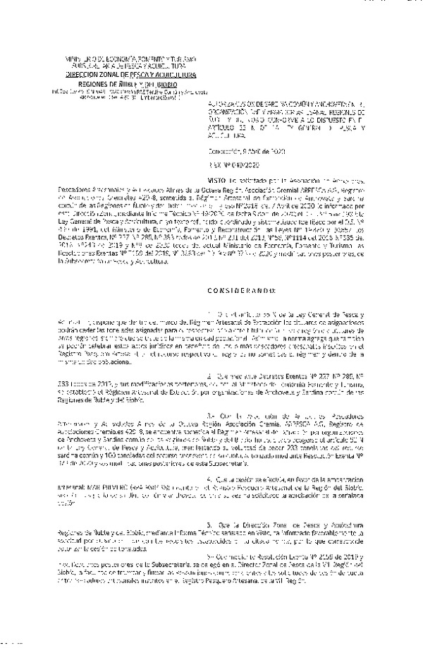 Res Ex N° 0050-2020, (DZP VIII), Autoriza cesión Sardina Común y Anchoveta Región de Ñuble-Biobío (Publicado en Página Web 13-04-2020)