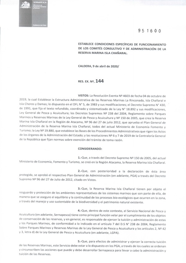 Res. Ex. N° 144-2020 (Sernapesca) Establece Condiciones Específicas de Funcionamiento de Los Comités  Consultivos y de Administración de la Reserva Marina Isla Chañaral. (Publicado en Página Web 13-04-2020)
