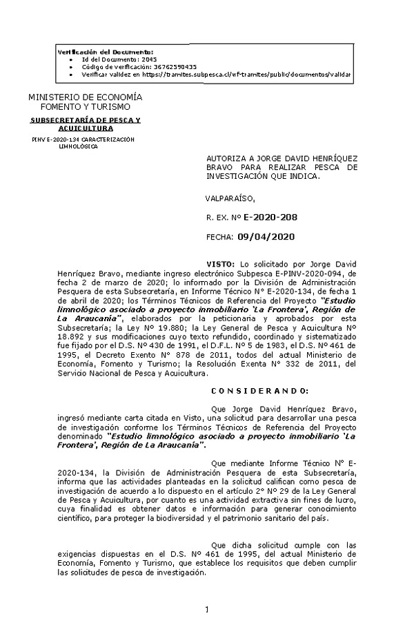 R. EX. Nº E-2020-208 Estudio limnológico asociado a proyecto inmobiliario ‘La Frontera’, Región de La Araucanía. (Publicado en Página Web 13-04-2020)