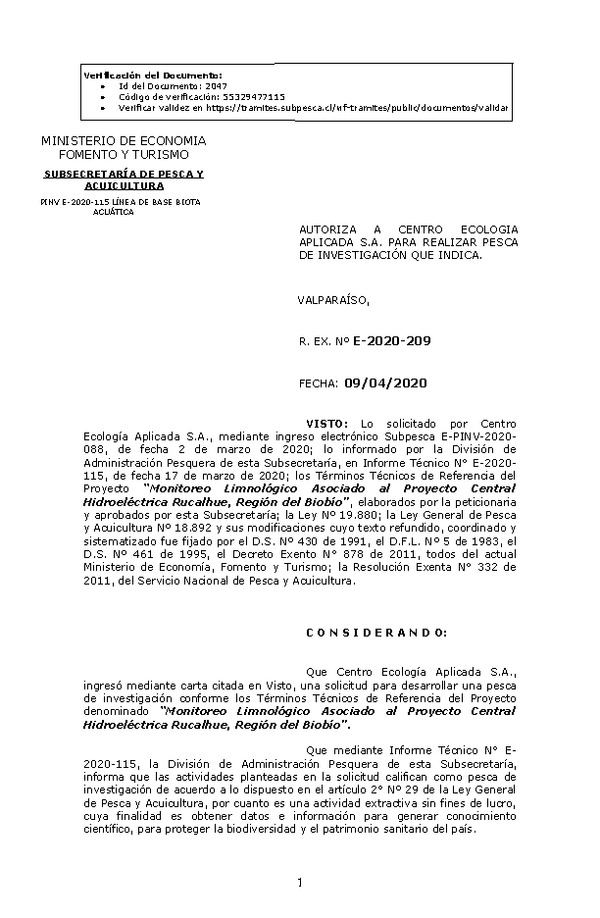 R. EX. Nº E-2020-209 Monitoreo Limnológico Asociado al Proyecto Central Hidroeléctrica Rucalhue, Región del Biobío. (Publicado en Página Web 13-04-2020)