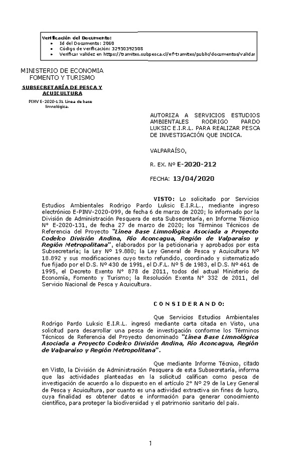 R. EX. Nº E-2020-212 Línea Base Limnológica Asociada a Proyecto Codelco División Andina, Río Aconcagua, Región de Valparaíso y Región Metropolitana. (Publicado en Página Web 13-04-2020)