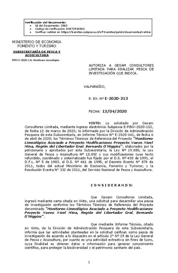 R. EX. Nº E-2020-213 Monitoreo Limnológico Asociado a Proyecto Modificaciones Proyecto Nuevo Nivel Mina, Región del Libertador Gral. Bernardo O’Higgins. (Publicado en Página Web 13-04-2020)