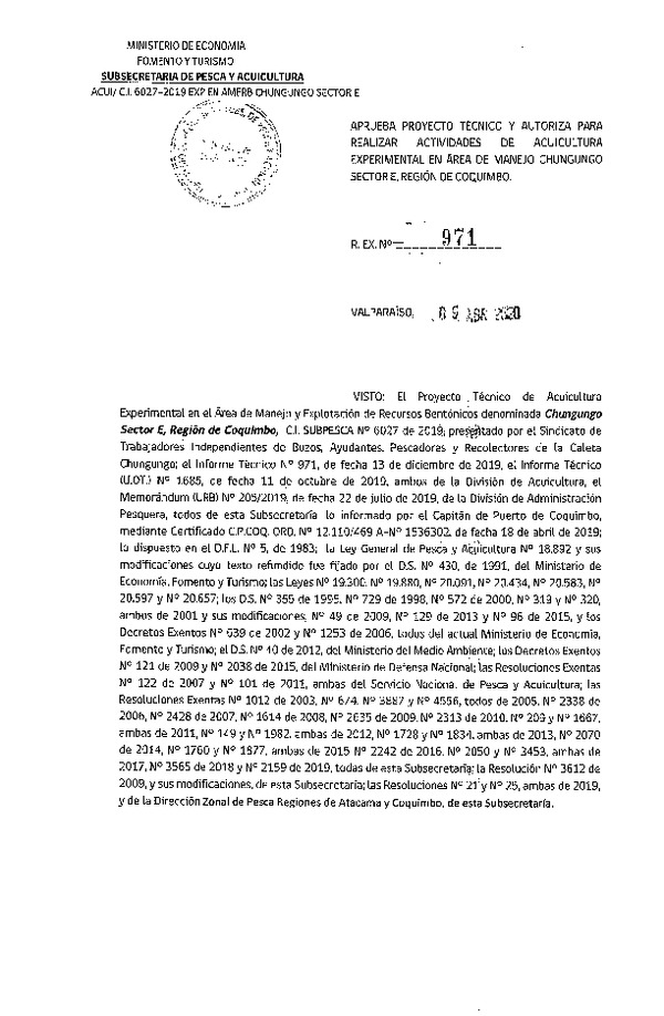 Res. Ex N° 971-2020, Aprueba proyecto técnico y autoriza para realizar actividades de acuicultura experimental en Área de manejo Chungungo Sector E, Región de Coquimbo. Publicado en Página Web 14-04-2020).