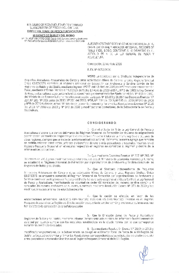 Res Ex N° 0052-2020, (DZP VIII), Autoriza cesión Sardina Común y Anchoveta Región de Ñuble-Biobío (Publicado en Página Web 14-04-2020)