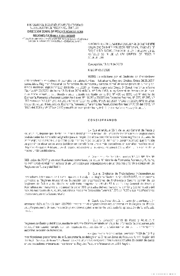 Res Ex N° 0053-2020, (DZP VIII), Autoriza cesión Sardina Común y Anchoveta Región de Ñuble-Biobío (Publicado en Página Web 14-04-2020)