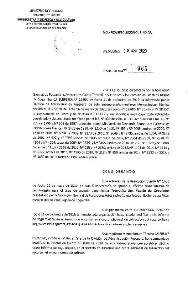 Res. Ex. N° 965-2020 Modifica Resolución que Indica. (Publicado en Página Web 14-04-2020)