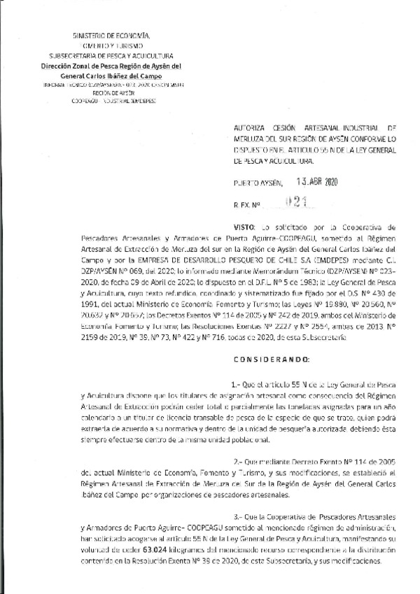 Res. Ex. N° 021-2020 (DZP Región de Aysén) Autoriza cesión Merluza del Sur (Publicado en Página Web 14-04-2020).