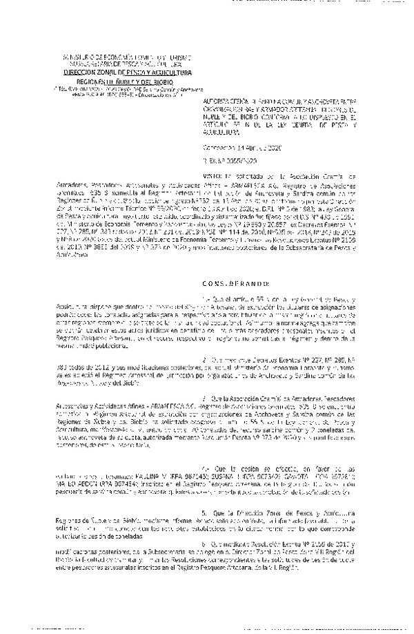 Res Ex N° 0055-2020, (DZP VIII), Autoriza cesión Sardina Común y Anchoveta Región de Ñuble-Biobío (Publicado en Página Web 15-04-2020)