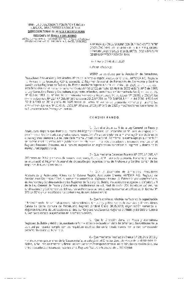 Res Ex N° 0056-2020, (DZP VIII), Autoriza cesión Sardina Común y Anchoveta Región de Ñuble-Biobío (Publicado en Página Web 15-04-2020)