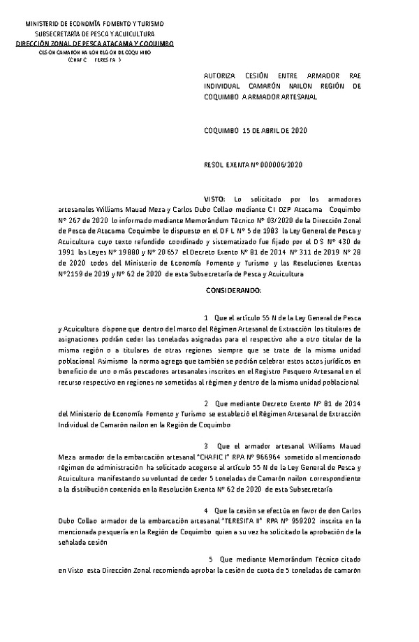 Res. Ex. N° 06-2020 (DZP Atacama y Coquimbo) Autoriza cesión Camarón nailon, Región de Coquimbo. (Publicado en Página Web 15-04-2020)