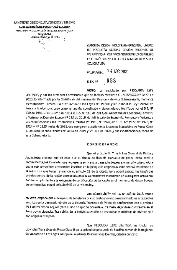 Res. Ex N° 988-2020, Autoriza Cesión anchoveta y sardina común Regiones Valparaíso-Los Lagos (Publicado en Página Web 15-04-2020).