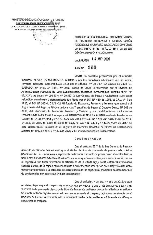 Res. Ex N° 990-2020, Autoriza Cesión anchoveta y sardina común Regiones Valparaíso-Los Lagos (Publicado en Página Web 15-04-2020).