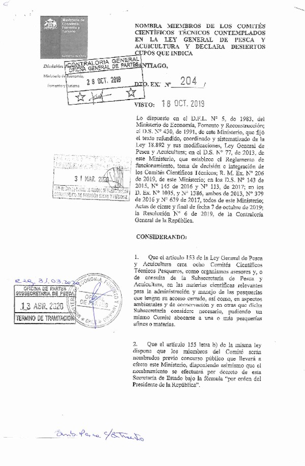 Dec. Ex. N° 204-2019 Nombra Miembros de los Comités Científicos Técnicos Contemplados en la Ley General de Pesca y Acuicultura y Declara Desiertos Cupos que Indica. (Publicado en Página Web 16-04-2020)