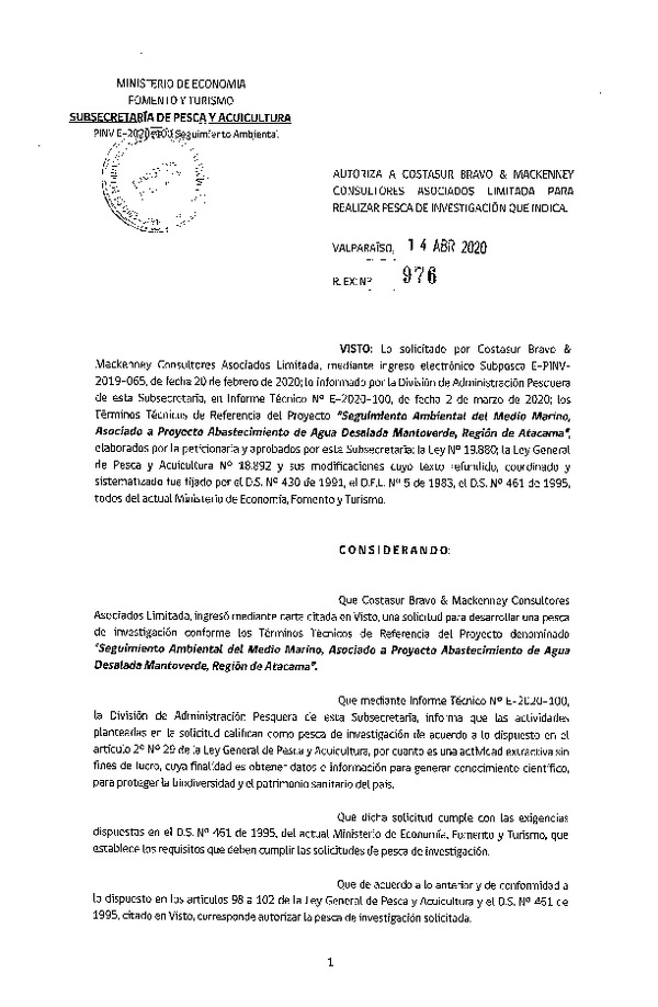 Res. Ex. N° 976-2020 Seguimiento Ambiental del Medio Marino, Asociado a Proyecto Abastecimiento de Agua Desalada Mantoverde, Región de Atacama. (Publicado en Página Web 16-04-2020)