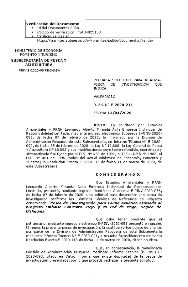 R. EX. Nº E-2020-211 Rechaza solicitud para Pesca de Investigación que Indica. (Publicado en Página Web 16-04-2020)