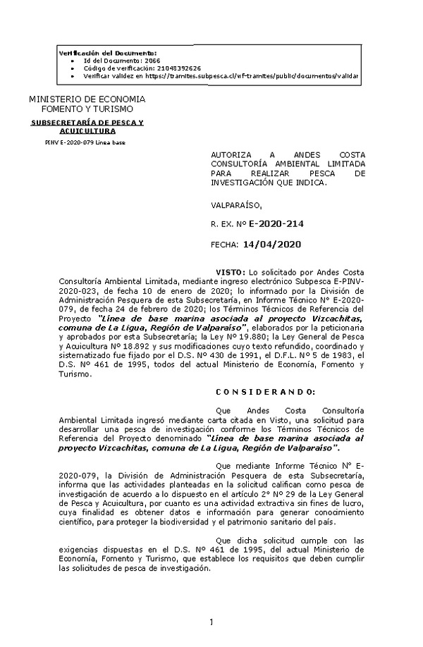 R. EX. Nº E-2020-214 Línea de base marina asociada al proyecto Vizcachitas, comuna de La Ligua, Región de Valparaíso. (Publicado en Página Web 16-04-2020)