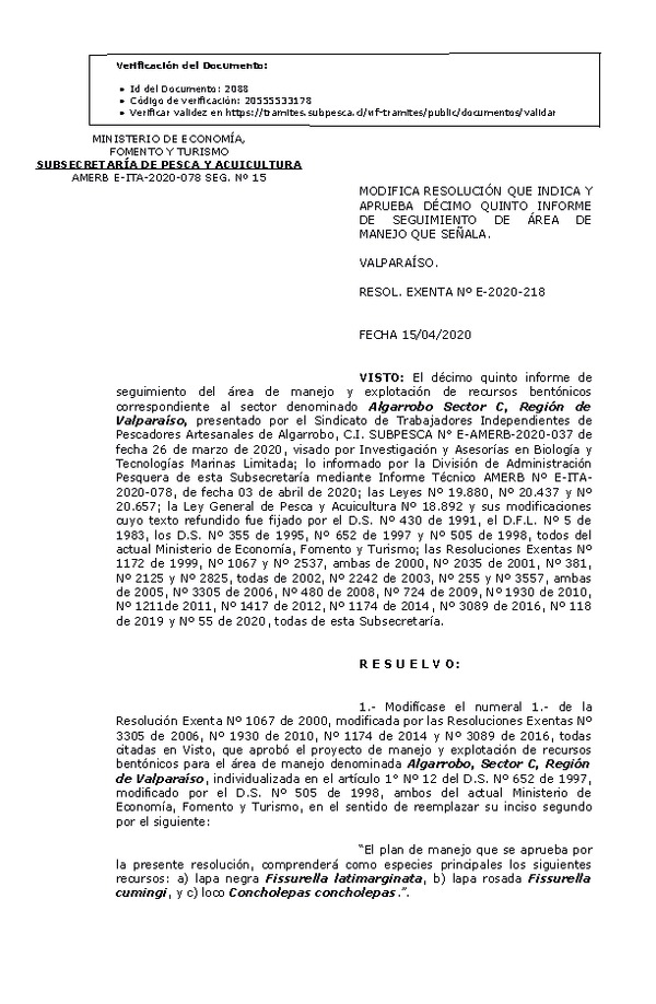 R. EX. Nº E-2020-218 Modifica Resolución que Indica y Aprueba 15° Seguimiento (Publicado en Página Web 16-04-2020).