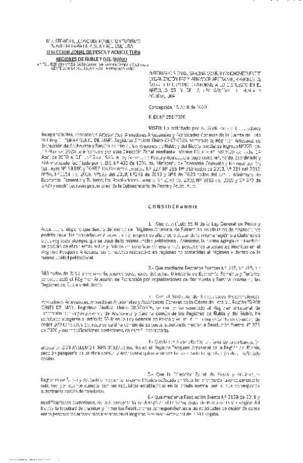 Res Ex N° 0058-2020, (DZP VIII), Autoriza cesión Sardina Común y Anchoveta Región de Ñuble-Biobío (Publicado en Página Web 16-04-2020)