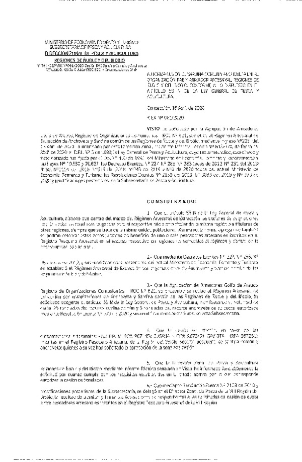 Res Ex N° 0061-2020, (DZP VIII), Autoriza cesión Sardina Común y Anchoveta Región de Ñuble-Biobío (Publicado en Página Web 17-04-2020)