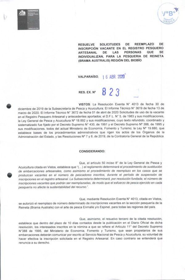 Res. Ex. N° 823-2020 (Sernapesca) Resuelve Solicitudes de Reemplazo de Inscripción Vacante en el Registro Pesquero Artesanal, para la Pesquería de Reineta, Región del Biobío. (Publicado en Página Web 17-04-2020)