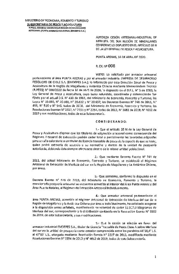Res. Ex. N° 008-2020 (DZP Región de Magallanes) Autoriza cesión Merluza del sur. (Publicado en Página Web 17-04-2020)