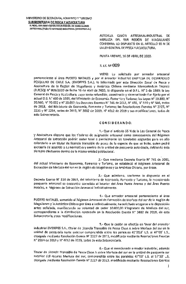 Res. Ex. N° 009-2020 (DZP Región de Magallanes) Autoriza cesión Merluza del sur. (Publicado en Página Web 17-04-2020)