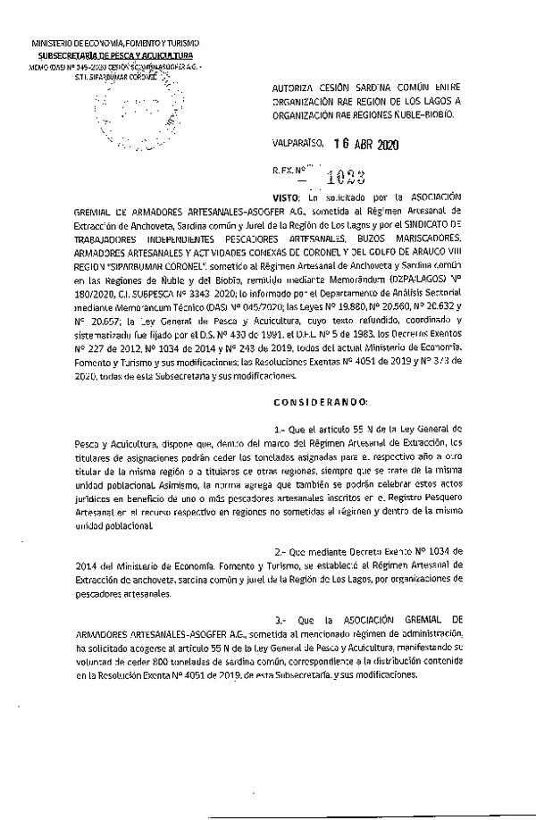 Res. Ex. N° 1023-2020 Autoriza cesión Sardina común Región de Los Lagos a Región de Ñuble- Biobío. (Publicado en Página Web 17-04-2020)