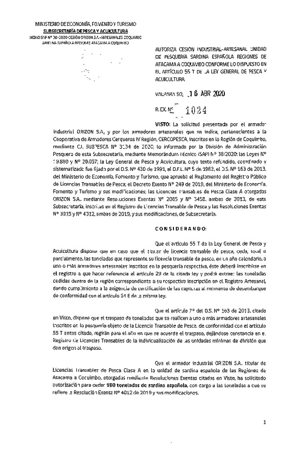 Res. Ex. N° 1024-2020 Autoriza cesión pesquería Sardina Española, Regiones de Atacama a Coquimbo. (Publicado en Página Web 17-04-2020)