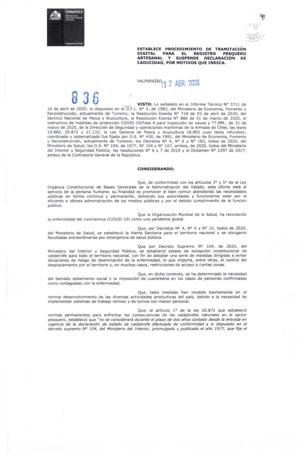 Res. Ex. N° 836-2020 (Sernapesca) Establece Procedimiento de Tramitación Digital para el Registro Pesquero Artesanal y Suspende Declaración de Caducidad, por Motivos que Indica. (Publicado en Página Web 20-04-2020)