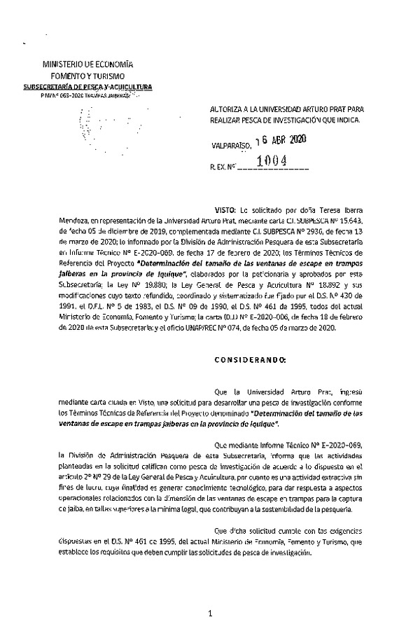 Res. Ex. N° 1004-2020 Determinación del tamaño de las ventanas de escape en trampas jaiberas. (Publicado en Página Web 20-20-2020)