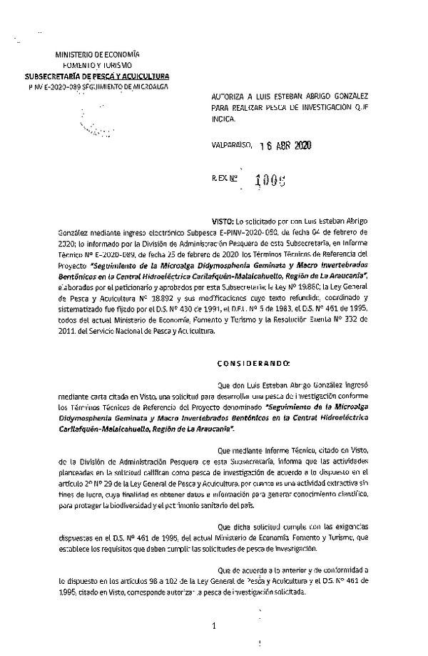 Res. Ex. N° 1006-2020 Seguimiento de la microalga Didimosphenia . (Publicado en Página Web 20-20-2020)