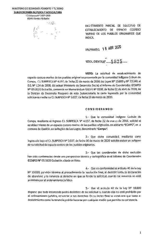 Res. Ex. N° 1025-2020 Desistimiento parcial de solicitud de establecimiento de ECMPO Compu. (Publicado en Página Web 20-04-2020)