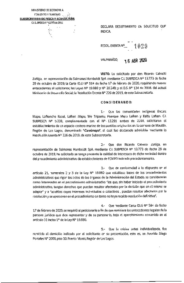 Res. Ex. N° 1029-2020 Declara desistimiento a solicitud ECMPO que indica. (Publicado en Página Web 20-04-2020)