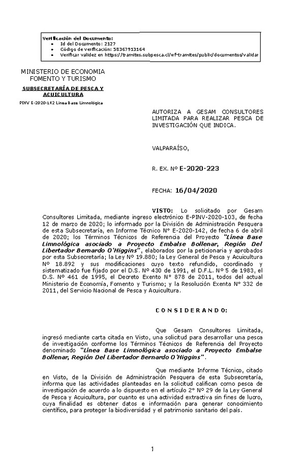 R. EX. Nº E-2020-223 Línea Base Limnológica asociado a Proyecto Embalse Bollenar, Región Del Libertador Bernardo O’Higgins. (Publicado en Página Web 20-04-2020)