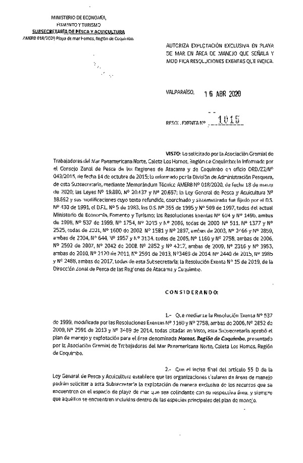 Res. Ex. N° 1015-2020 Autoriza Explotación Exclusiva en Playa de Mar. (Publicado en Página Web 21-04-2020)