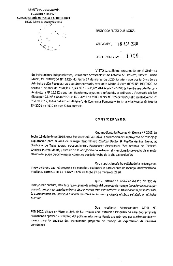 Res. Ex. N° 1019-2020 Prorroga Plan de Manejo. (Publicado en Página Web 21-04-2020)