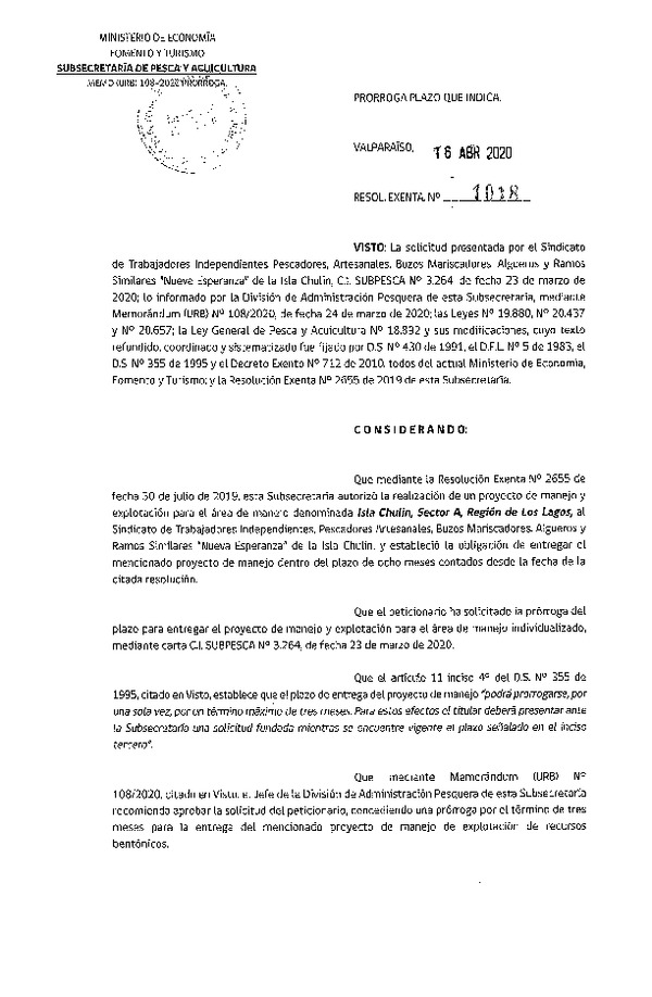 Res. Ex. N° 1018-2020 Prorroga Plan de Manejo. (Publicado en Página Web 21-04-2020)