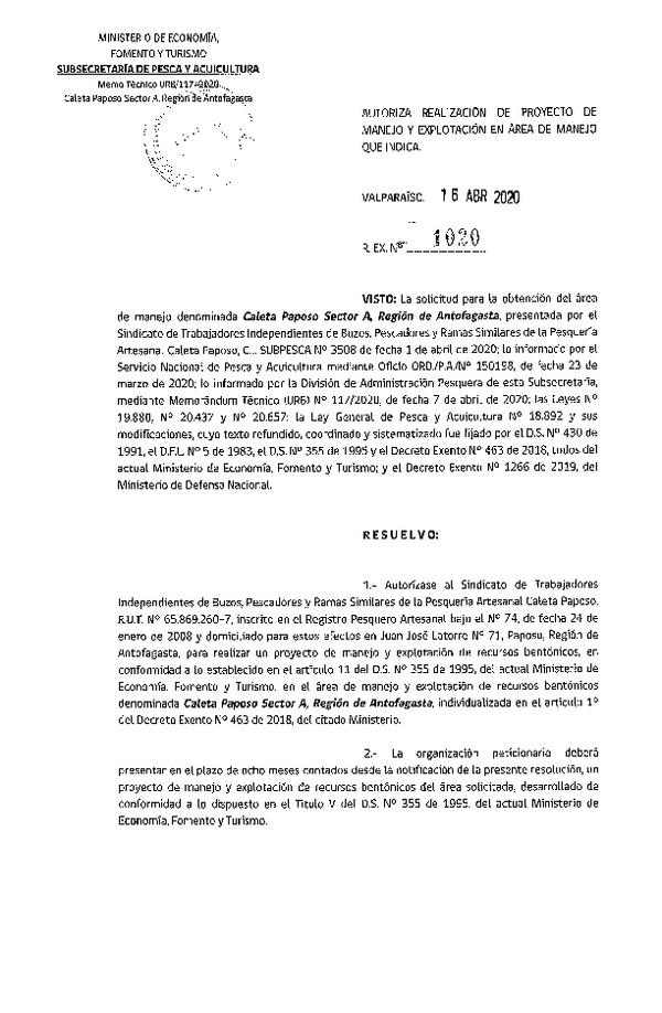 Res. Ex. N° 1020-2020 Proyecto de Manejo. (Publicado en Página Web 21-04-2020)