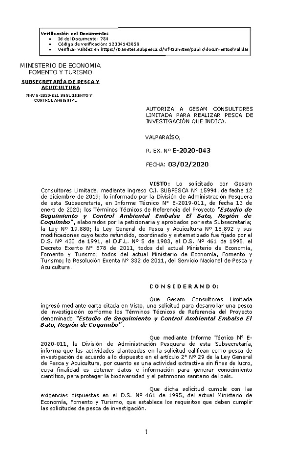 R. EX. Nº E-2020-043 Estudio de Seguimiento y Control Ambiental Embalse El Bato, Región de Coquimbo.