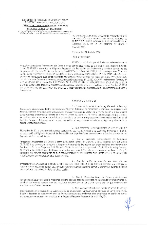 Res Ex N° 0062-2020, (DZP VIII), Autoriza cesión Sardina Común y Anchoveta Región de Ñuble-Biobío (Publicado en Página Web 22-04-2020)