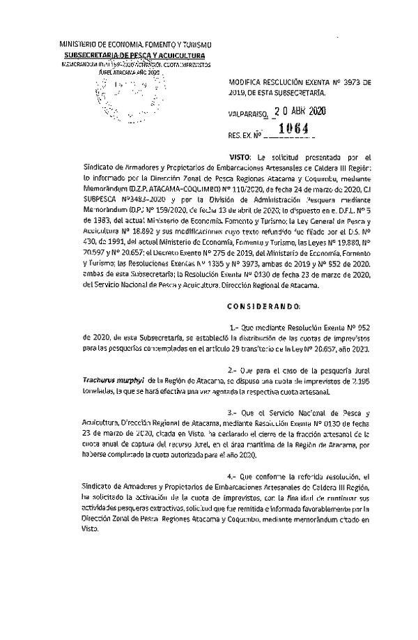 Res. Ex. N° 1064-2020 Modifica Res. Ex. N° 3973-2019 Establece Distribución de las Fracciones Artesanales de Jurel por Región, Año 2020. (Publicado en Página Web 22-04-2020)