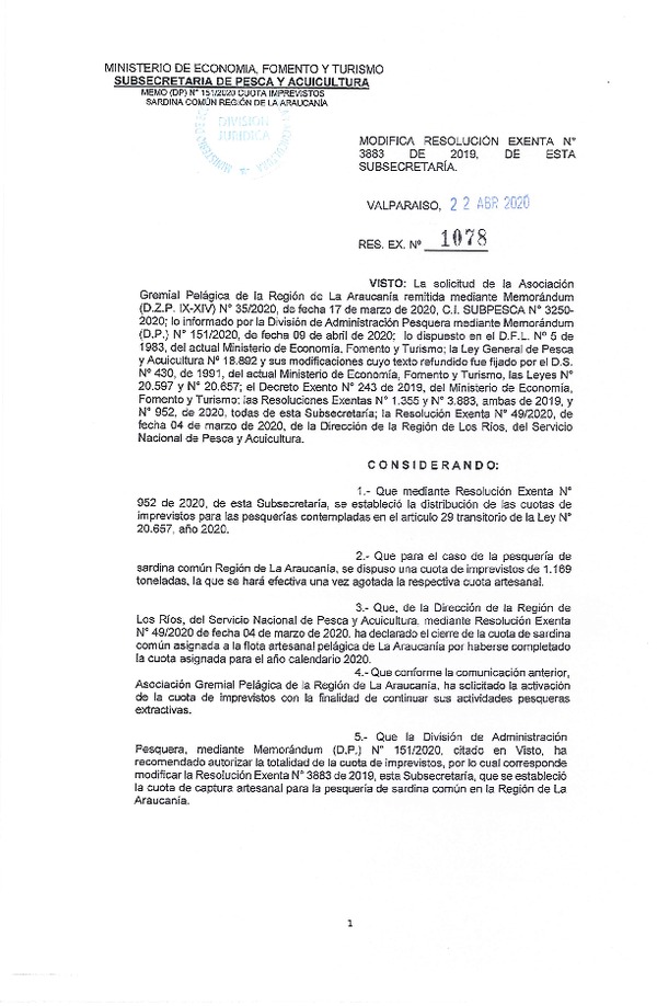 Res. Ex. N° 1078-2020 Modifica Res. Ex. N° 3883-2019 Distribución de la Fracción Artesanal de Pesquería de Anchoveta y Sardina Común, Regiones Valparaíso a Los Lagos, Año 2020. (Publicado en Página Web 22-04-2020) (F.D.O. 27-04-2020)