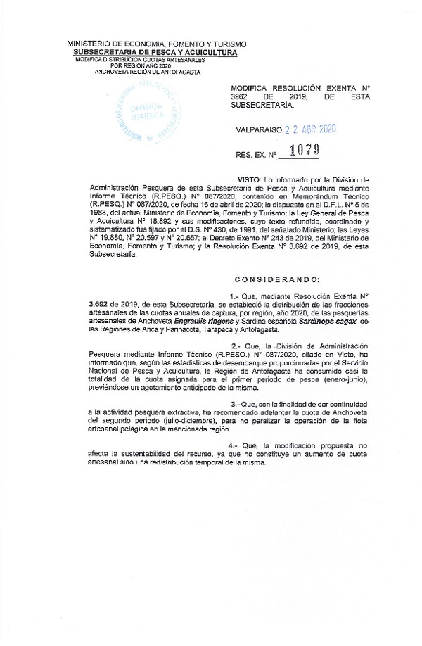 Res, Ex. N° 1079 Modifica Res. Ex. N° 3962-2019 Establece Distribución de las Fracciones Artesanales de Anchoveta y Sardina Española Zona Norte, Por Región, Año 2020. (Publicado en Página Web 22-04-2020)