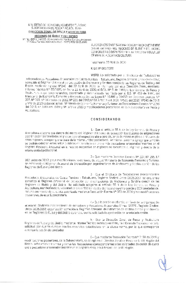 Res Ex N° 0065-2020, (DZP VIII), Autoriza cesión Sardina Común y Anchoveta Región de Ñuble-Biobío (Publicado en Página Web 22-04-2020)